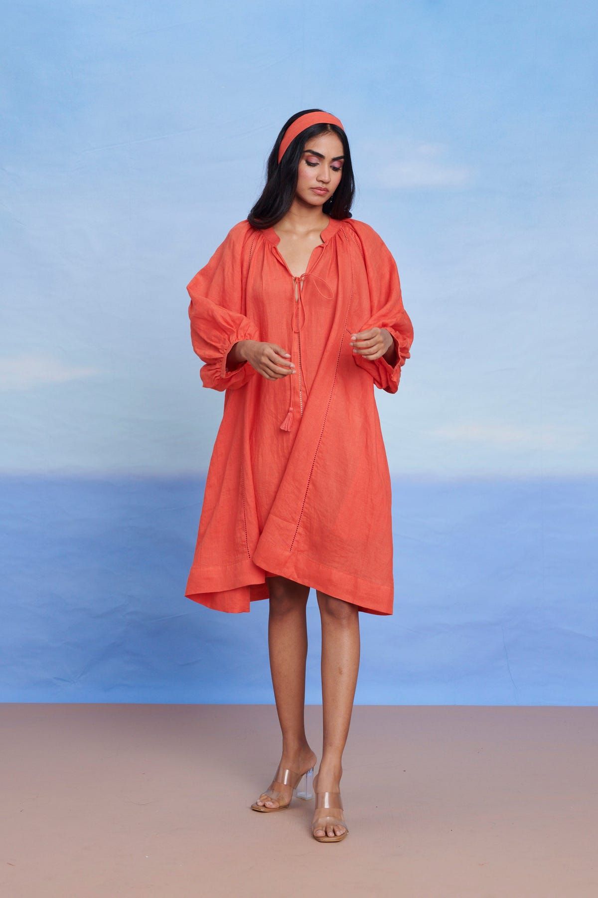Tangerine Linen Lace Panelled Dress - Sale - image 3