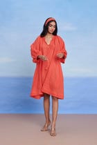 Tangerine Linen Lace Panelled Dress - Sale view 3