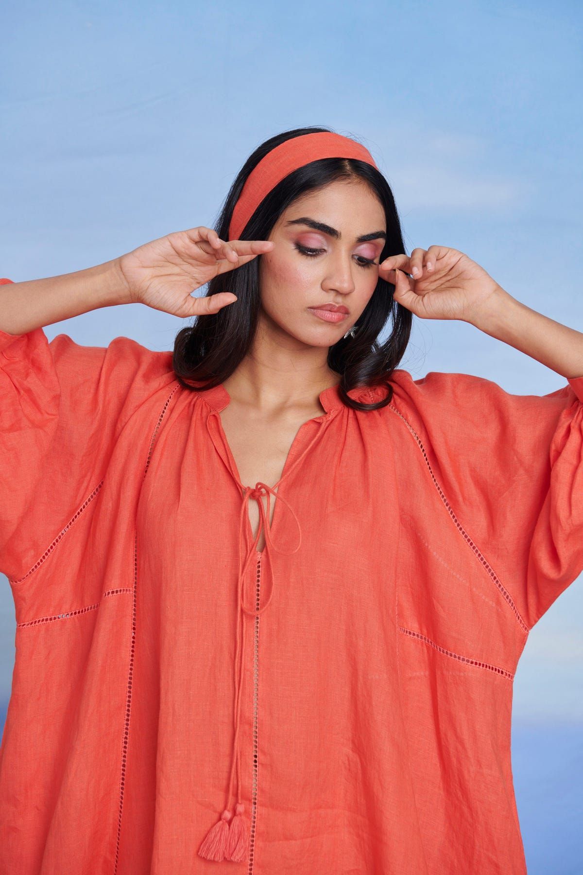 Tangerine Linen Lace Panelled Dress - Sale - image 4