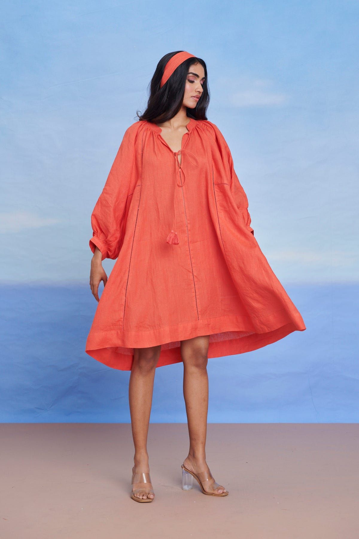 Tangerine Linen Lace Panelled Dress - Sale - image 5
