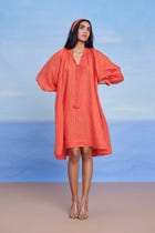 Tangerine Linen Lace Panelled Dress - Sale view 6