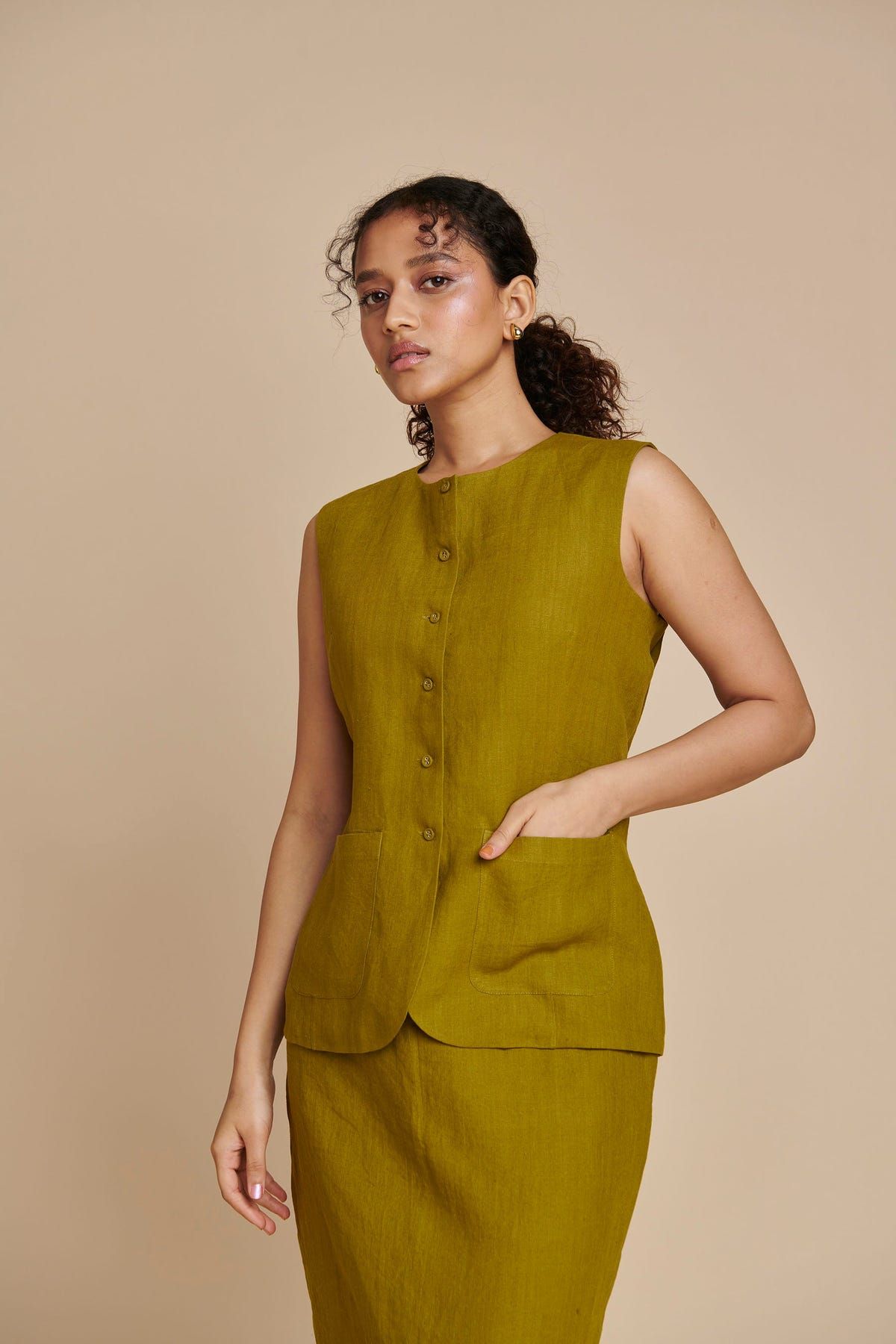 Mehendi Linen Vest & Column Skirt Set - Sale - image 2
