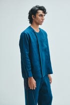 Indigo Linen Men's Side Placket Shirt view 1