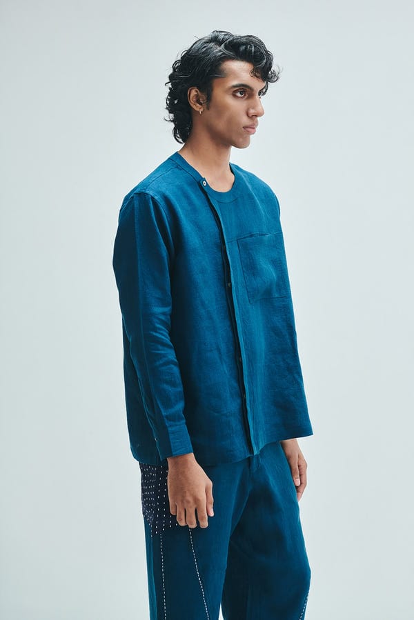 Saphed — Indigo Linen Men's Side Placket Shirt