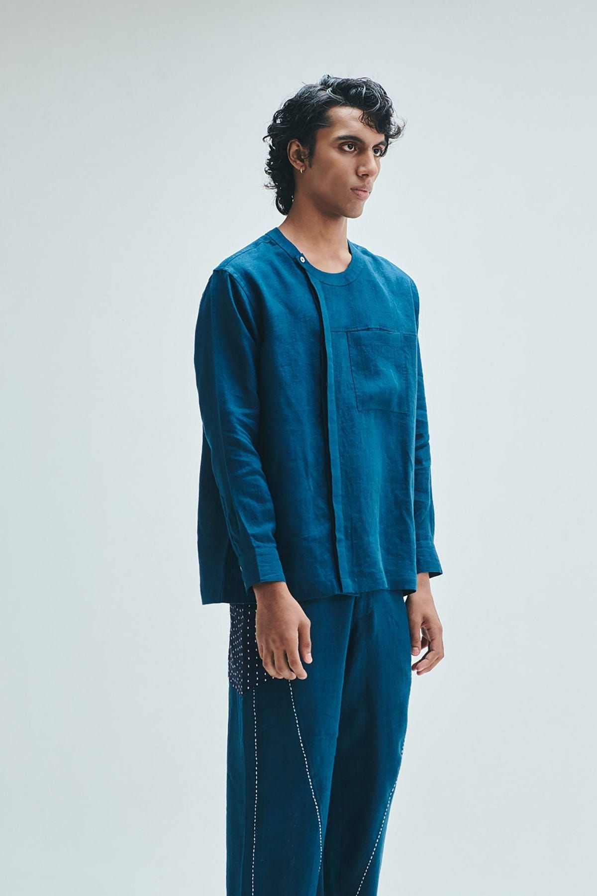 Indigo Linen Men's Side Placket Shirt - image 3