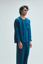 Indigo Linen Men's Side Placket Shirt view 3