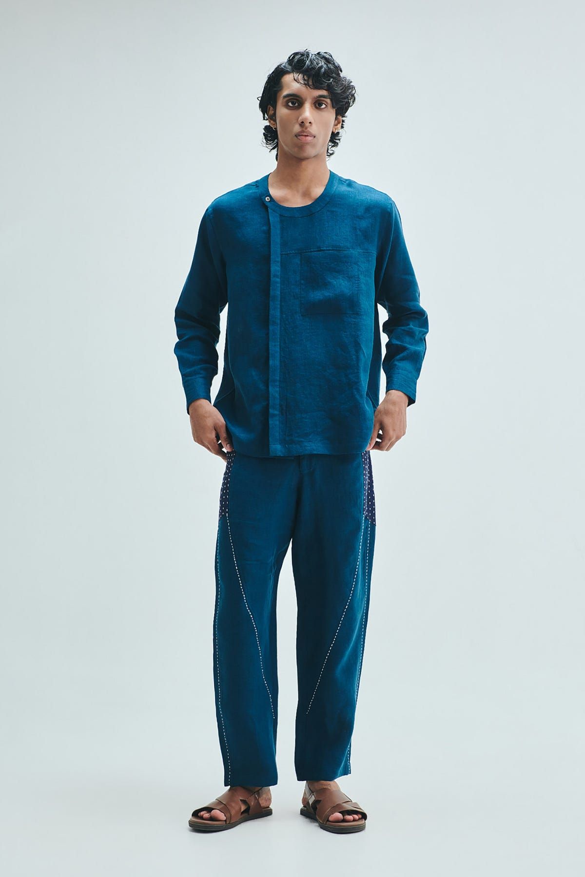 Indigo Linen Men's Side Placket Shirt - image 7