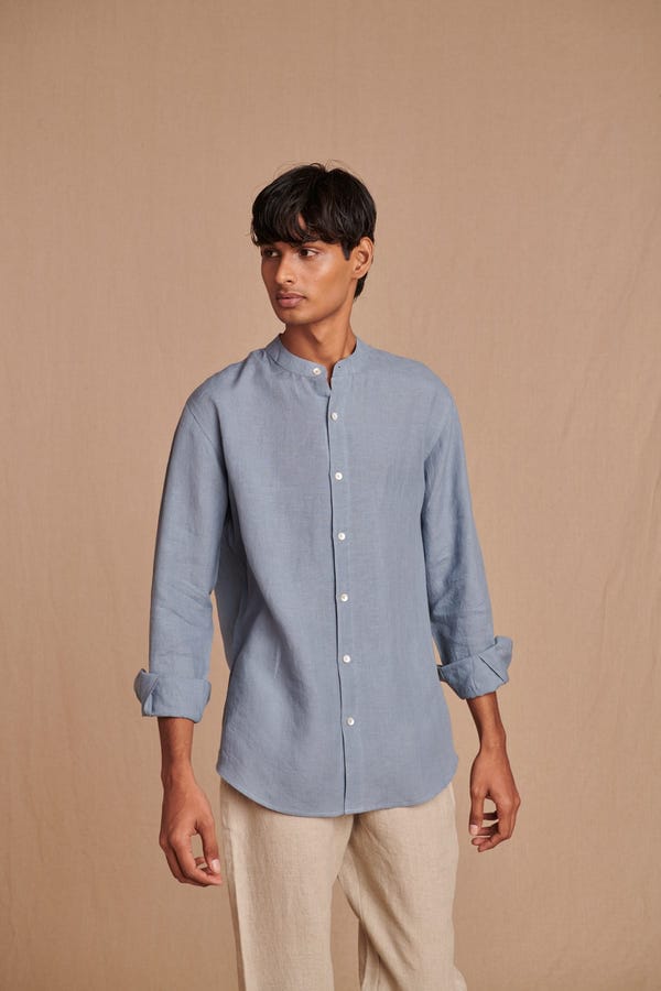 Saphed — Sky Linen Men's Band Collar Shirt