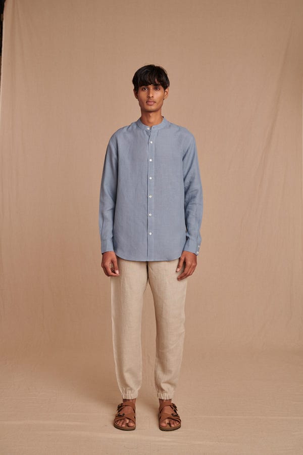 Saphed — Sky Linen Men's Band Collar Shirt