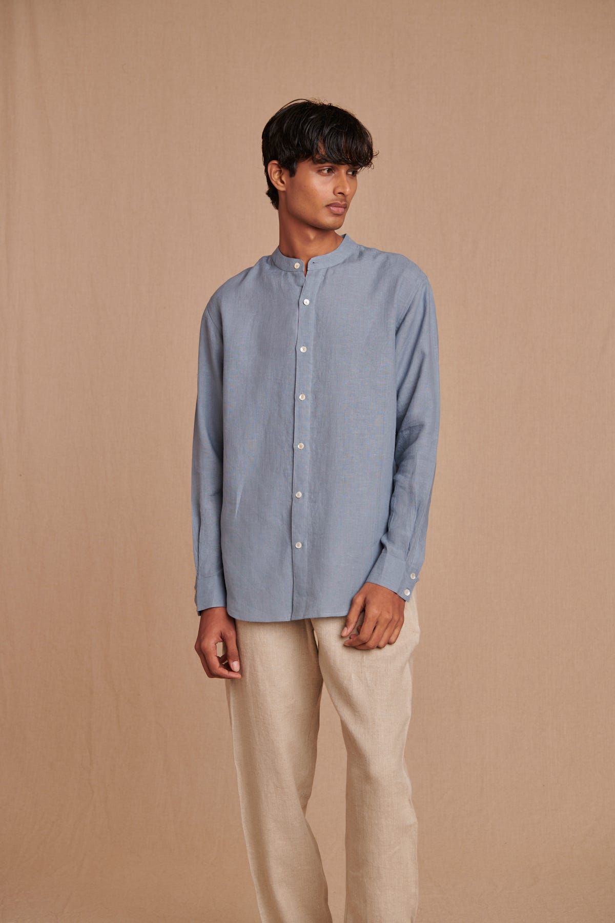 Sky Linen Men's Band Collar Shirt - image 3