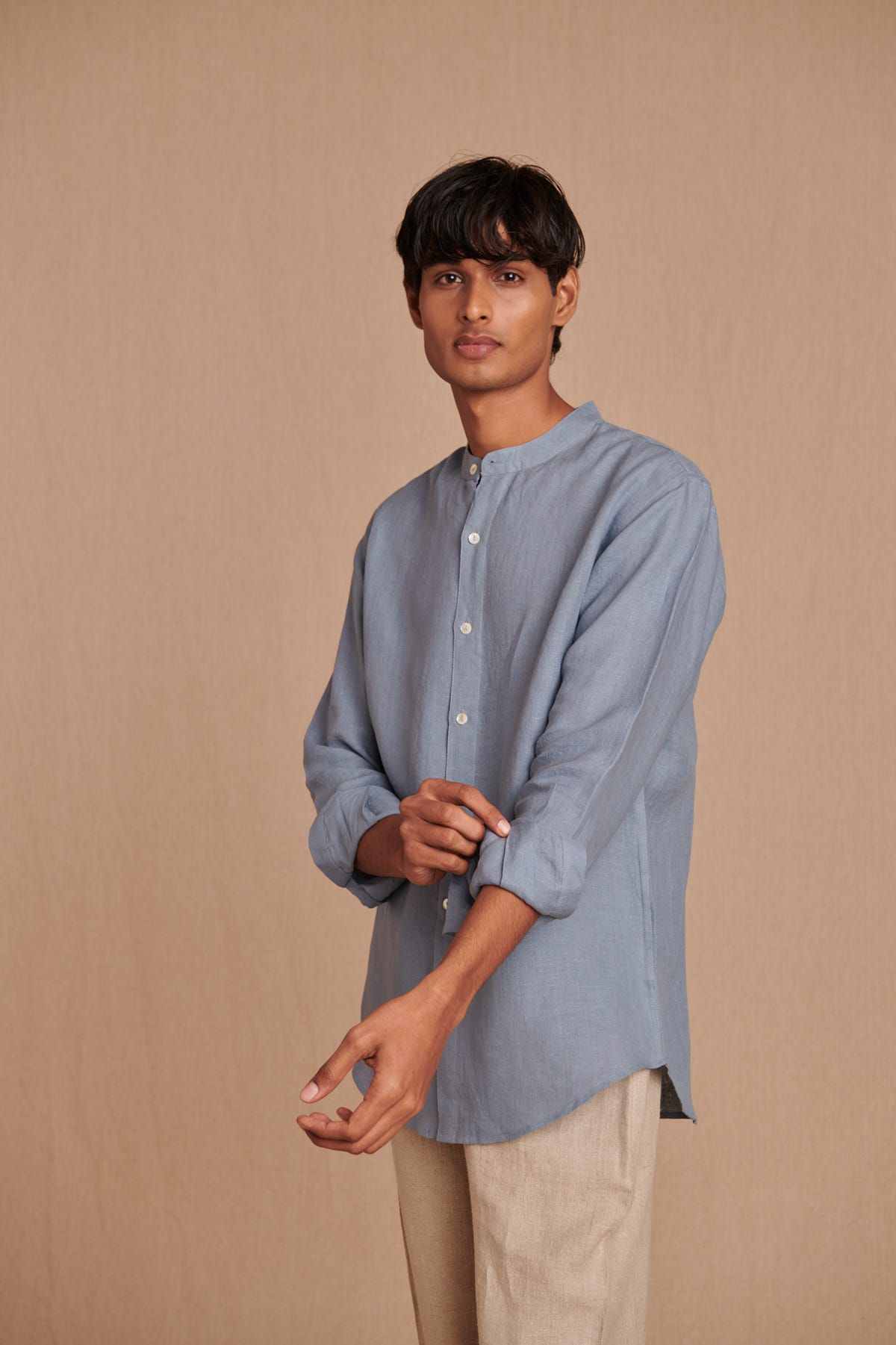Sky Linen Men's Band Collar Shirt - image 6
