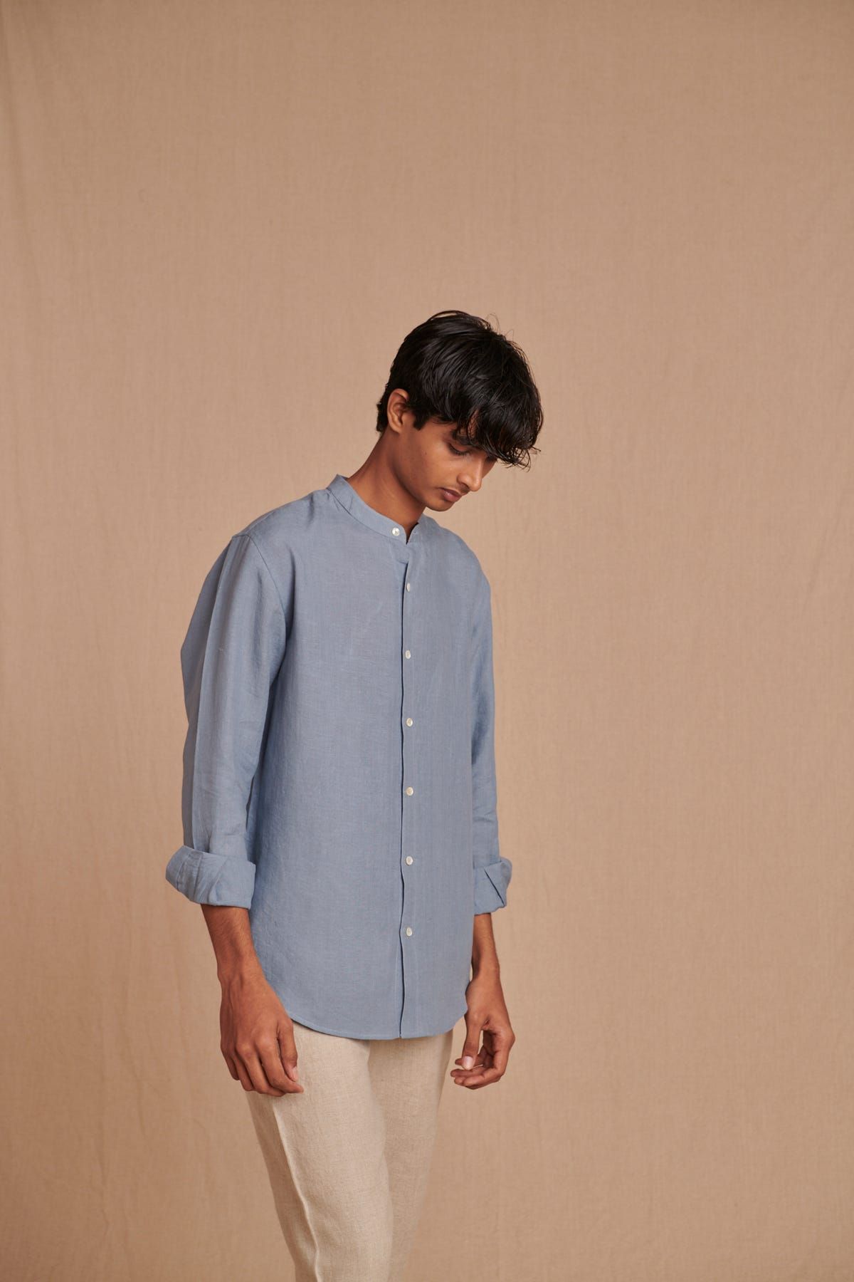 Sky Linen Men's Band Collar Shirt - image 9