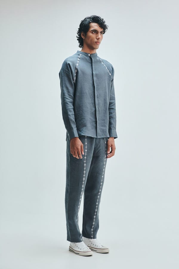 Saphed — Slate Linen Embroidered Men's Tapered Lounge Pants