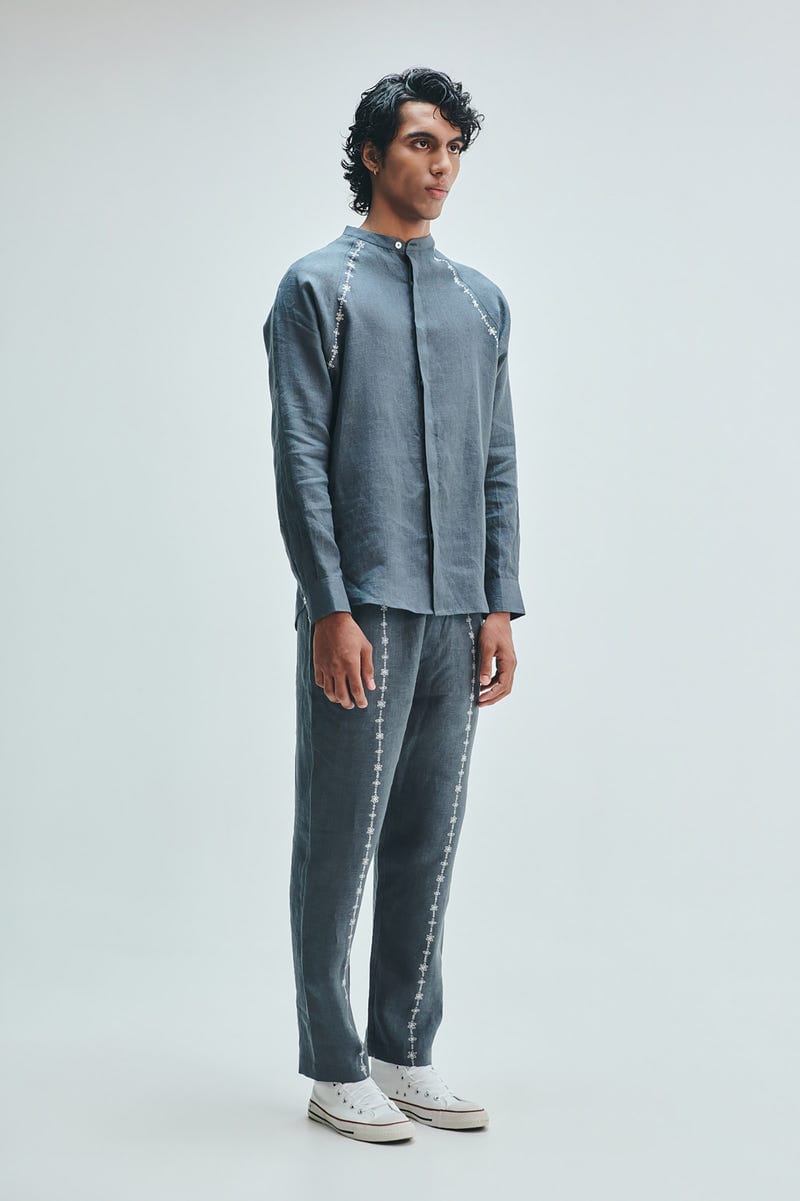Slate Linen Embroidered Men's Tapered Lounge Pants