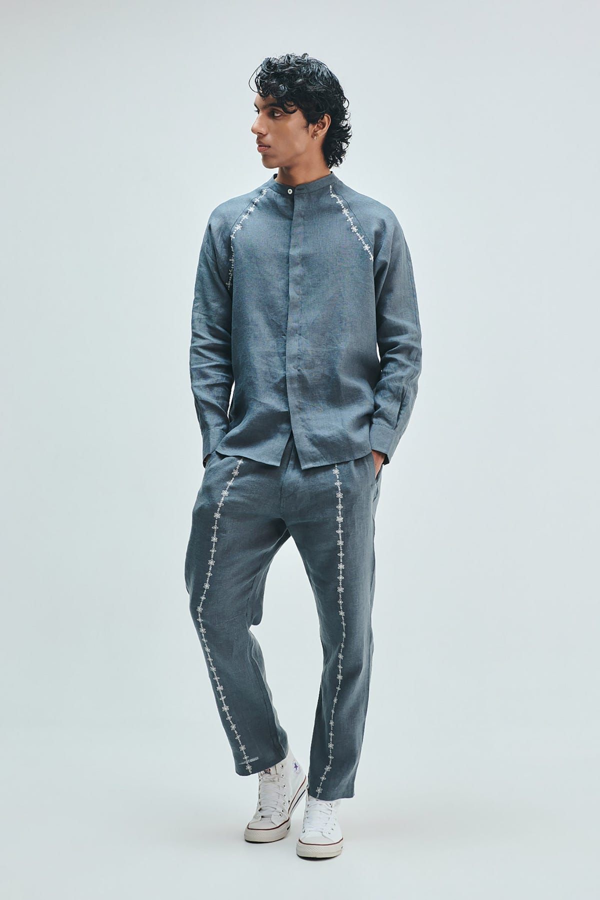 Slate Linen Embroidered Men's Tapered Lounge Pants - image 2