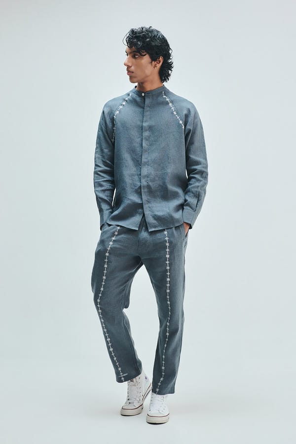 Saphed — Slate Linen Embroidered Men's Tapered Lounge Pants