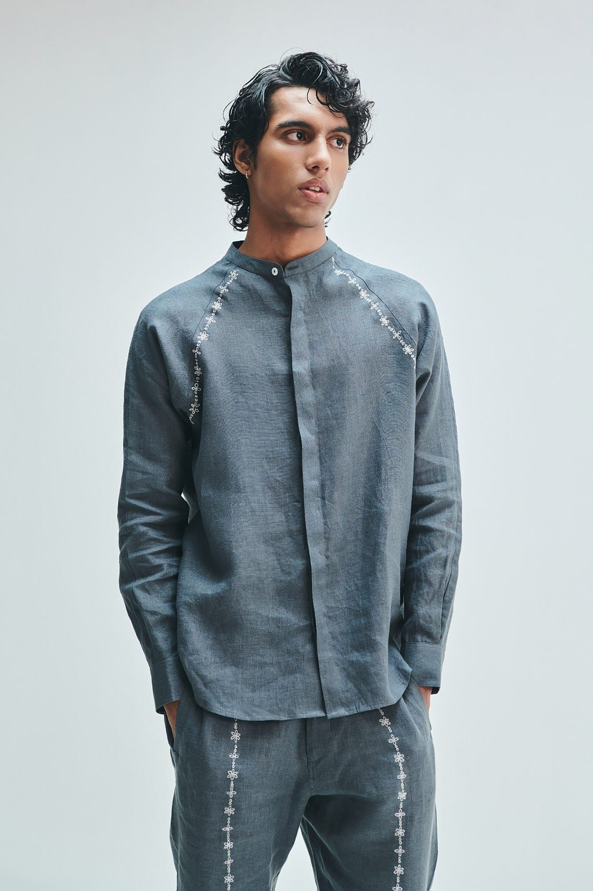 Slate Linen Embroidered Men's Tapered Lounge Pants - image 4