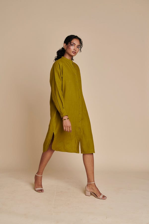 Saphed — Mehendi Linen Shirt Dress