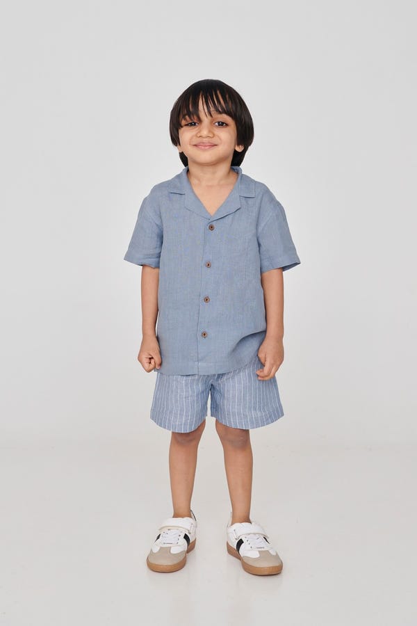 Saphed — Sky Pinstripe Linen Boys Lounge Shorts - Sale