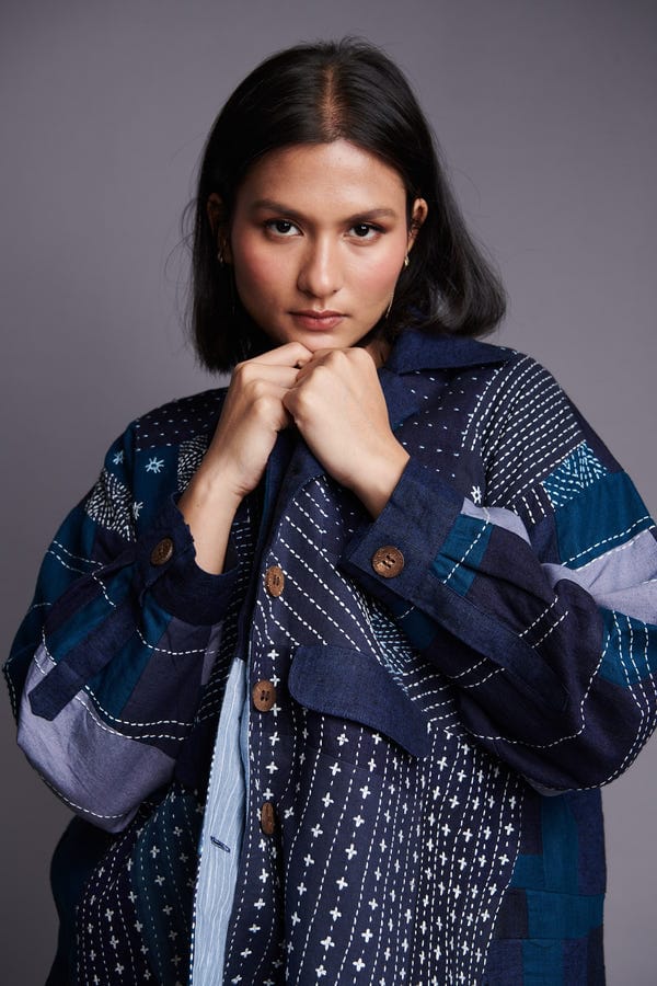 Saphed — Patchwork Linen Kantha Oversized Jacket