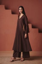 Coffee Co-Linen Embroidered Pocket Kurta Set view 1