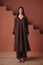 Coffee Co-Linen Embroidered Pocket Kurta Set view 3