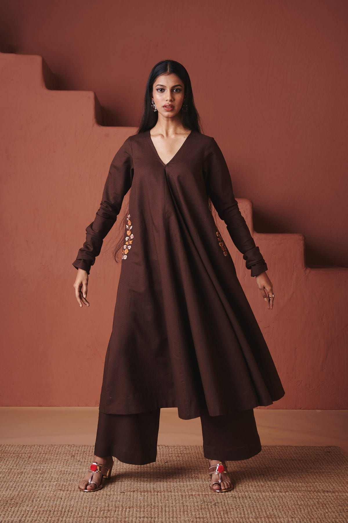 Coffee Co-Linen Embroidered Pocket Kurta Set - image 4