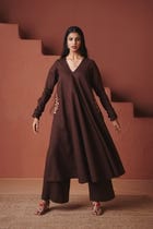 Coffee Co-Linen Embroidered Pocket Kurta Set view 4