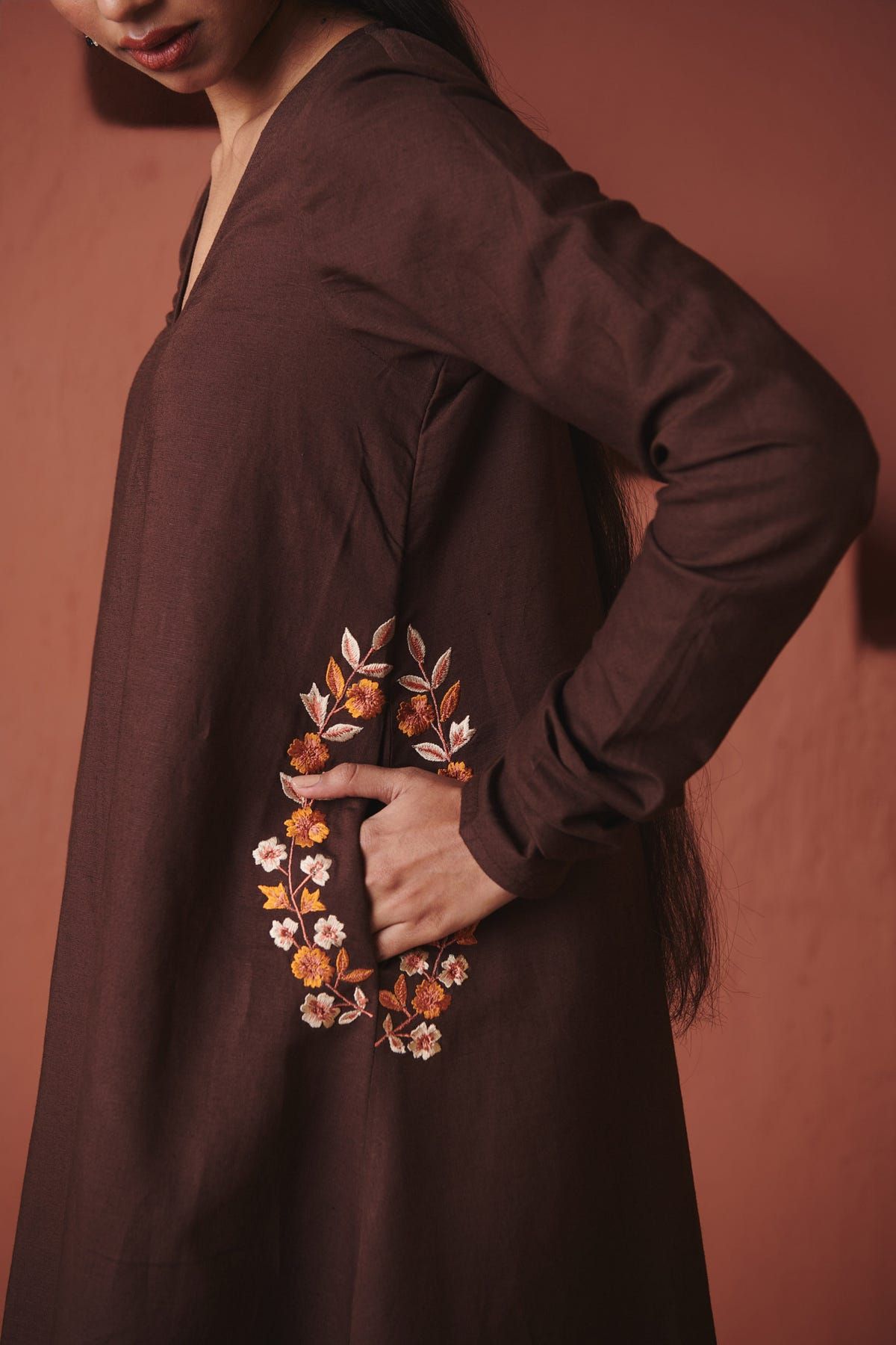 Coffee Co-Linen Embroidered Pocket Kurta Set - image 5