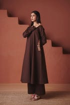 Coffee Co-Linen Embroidered Pocket Kurta Set view 7