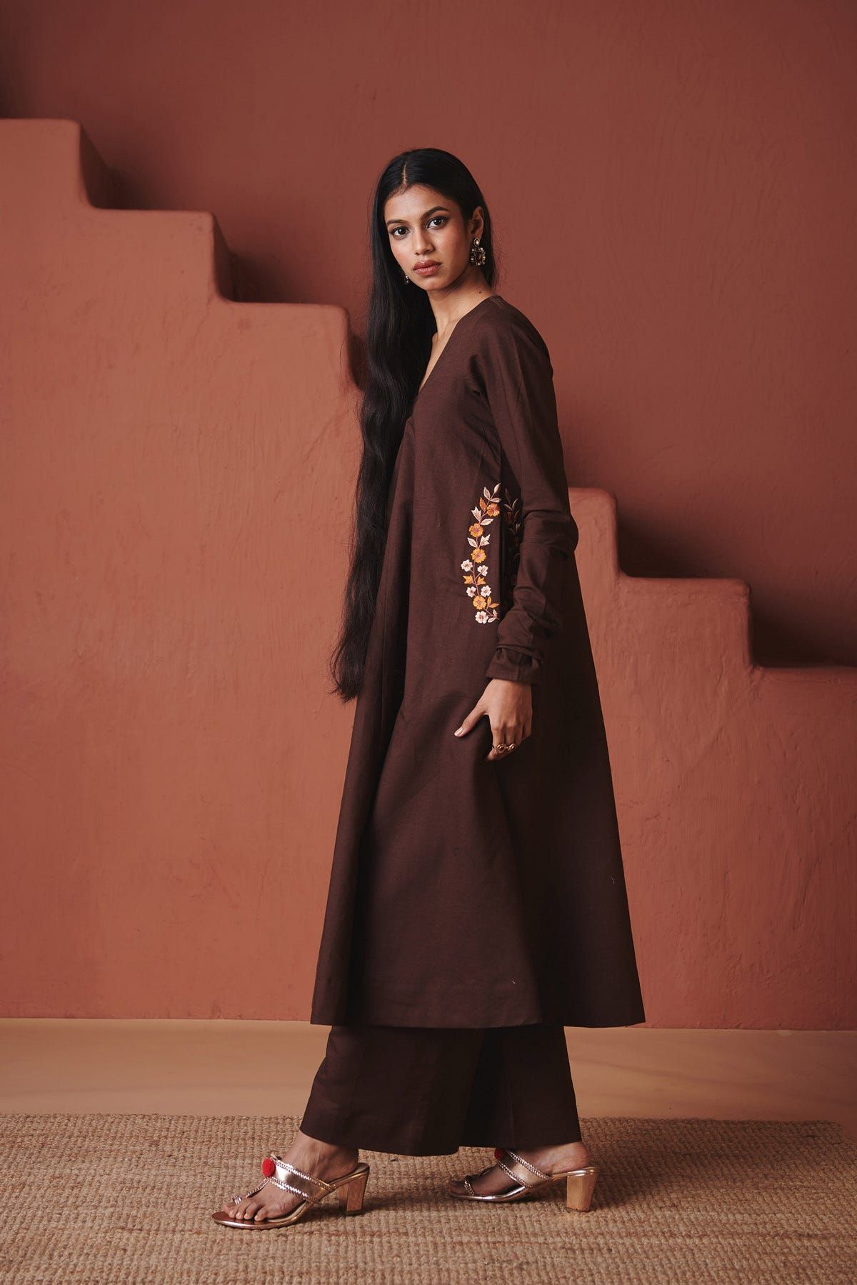Coffee Co-Linen Embroidered Pocket Kurta Set - image 8