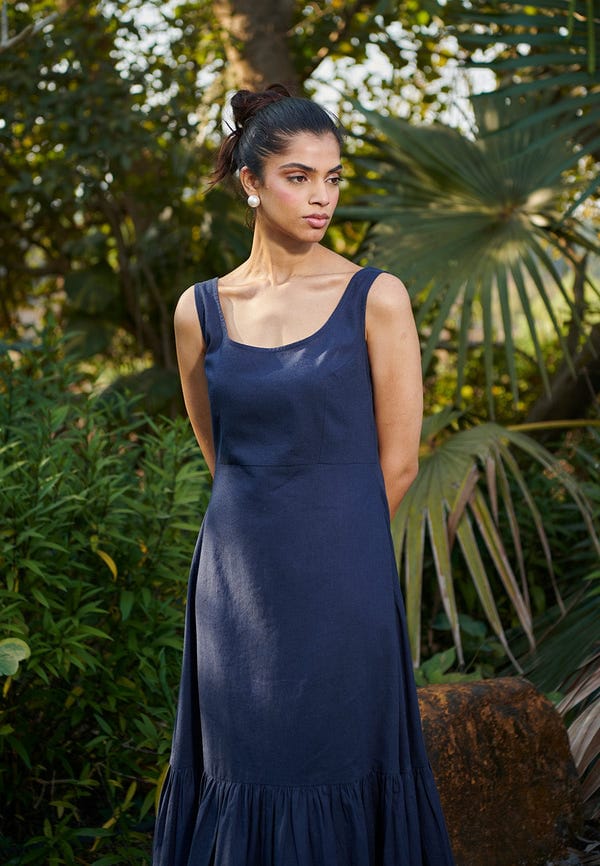 Saphed — Navy Co-Linen Sleeveless Tiered Dress - Sale