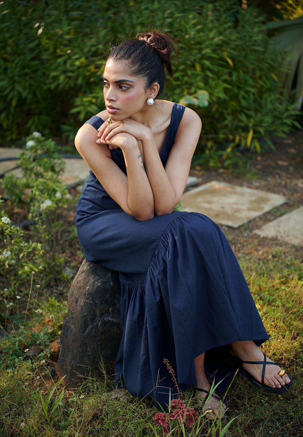 Navy Co-Linen Sleeveless Tiered Dress - Sale - image 5