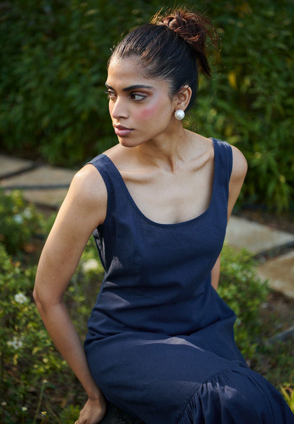 Navy Co-Linen Sleeveless Tiered Dress - Sale - image 7