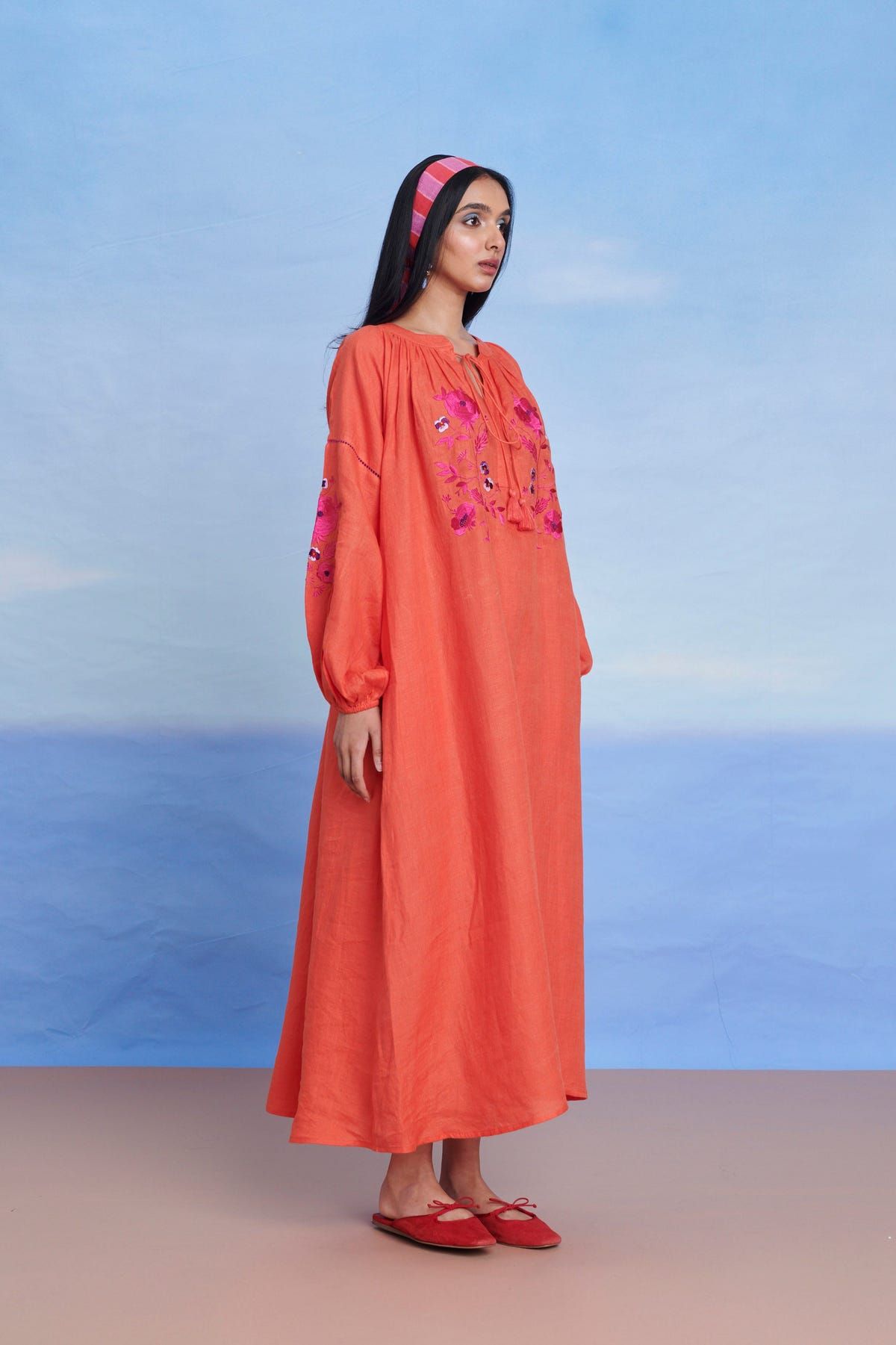 Tangerine Linen Puff Sleeves Dress - Sale - image 1