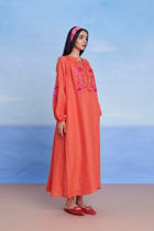Tangerine Linen Puff Sleeves Dress - Sale view 1