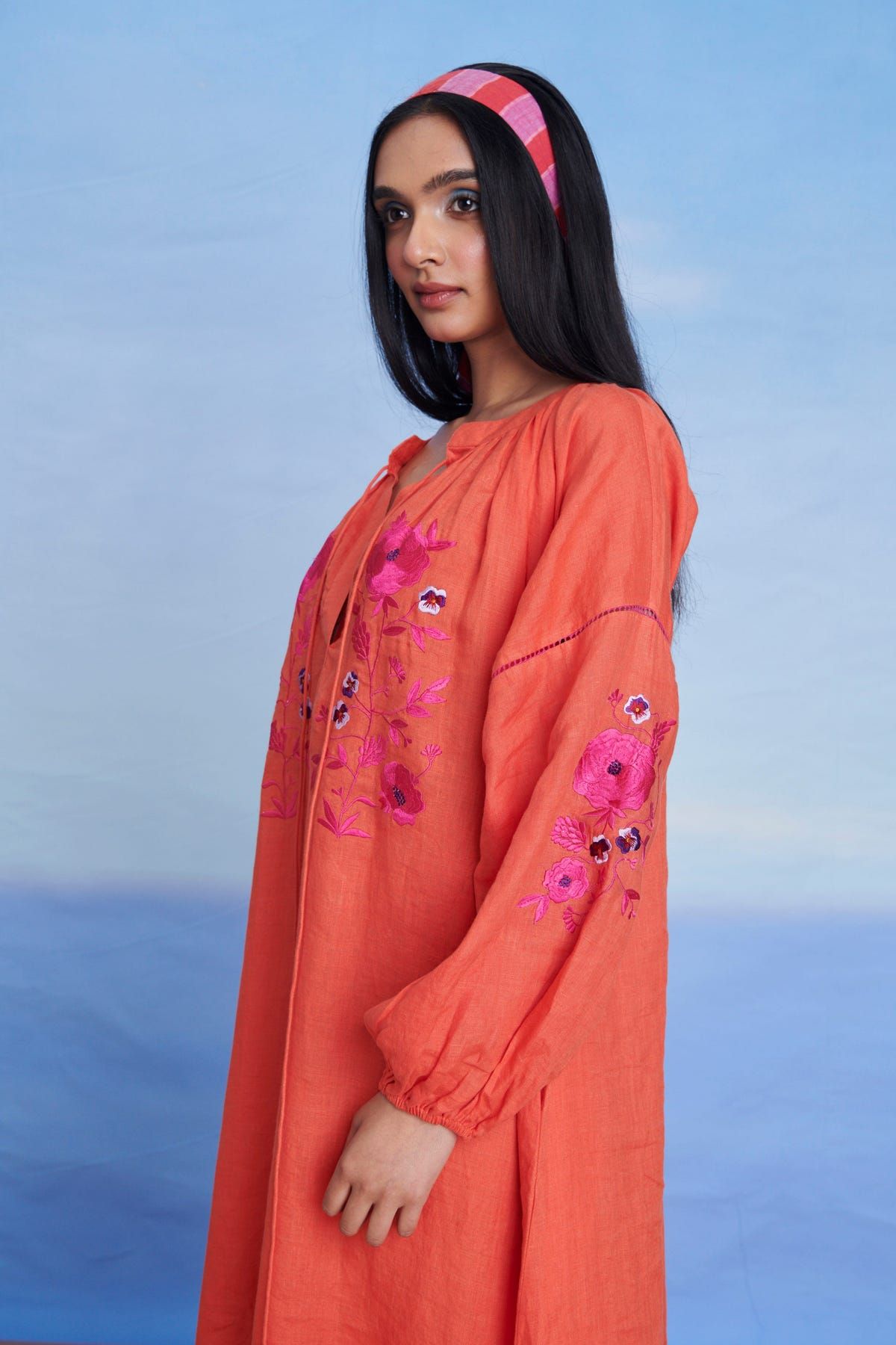 Tangerine Linen Puff Sleeves Dress - Sale - image 2