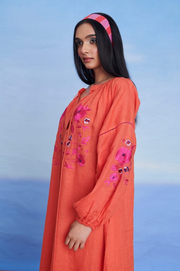 Saphed — Tangerine Linen Puff Sleeves Dress - Sale