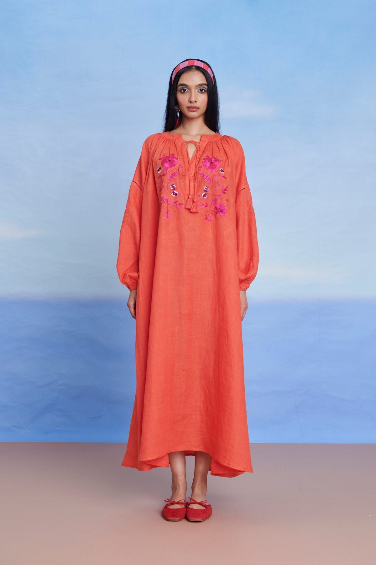 Tangerine Linen Puff Sleeves Dress - Sale - image 3