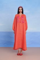 Tangerine Linen Puff Sleeves Dress - Sale view 3