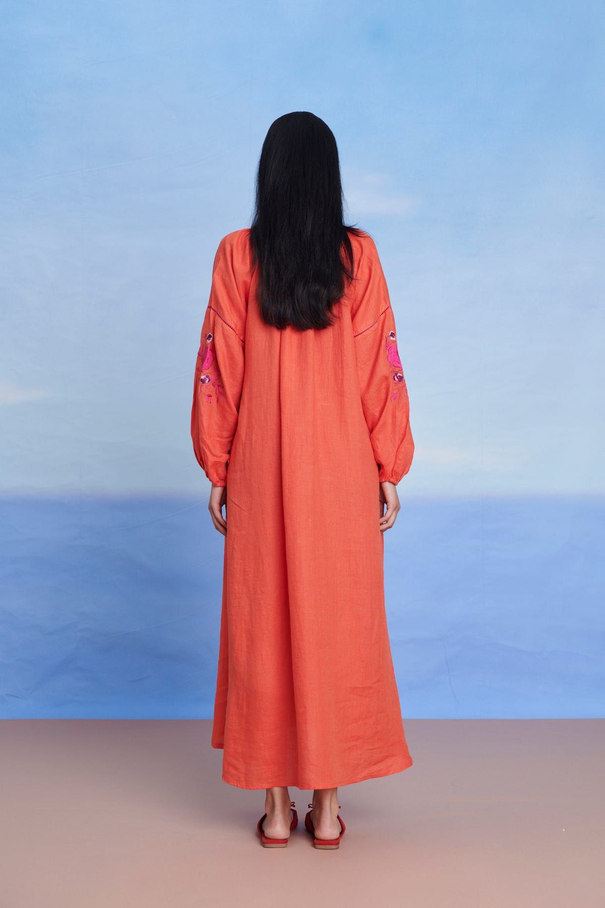 Tangerine Linen Puff Sleeves Dress - Sale - image 4