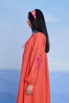 Tangerine Linen Puff Sleeves Dress - Sale view 5