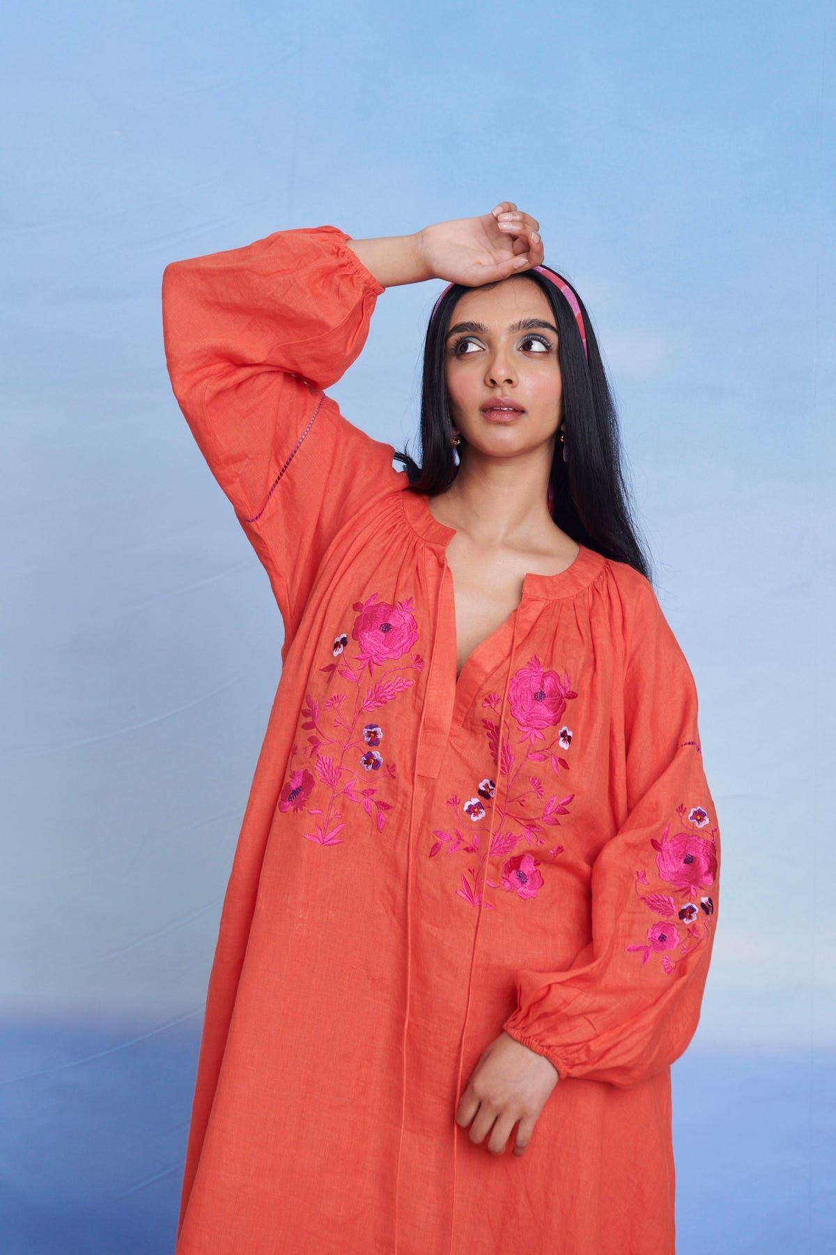 Tangerine Linen Puff Sleeves Dress - Sale - image 6