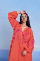 Tangerine Linen Puff Sleeves Dress - Sale view 6