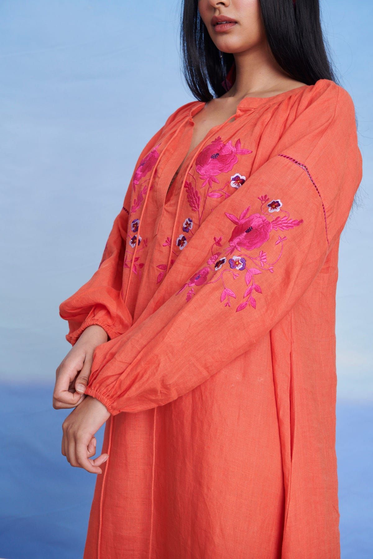 Tangerine Linen Puff Sleeves Dress - Sale - image 7