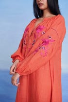 Tangerine Linen Puff Sleeves Dress - Sale view 7