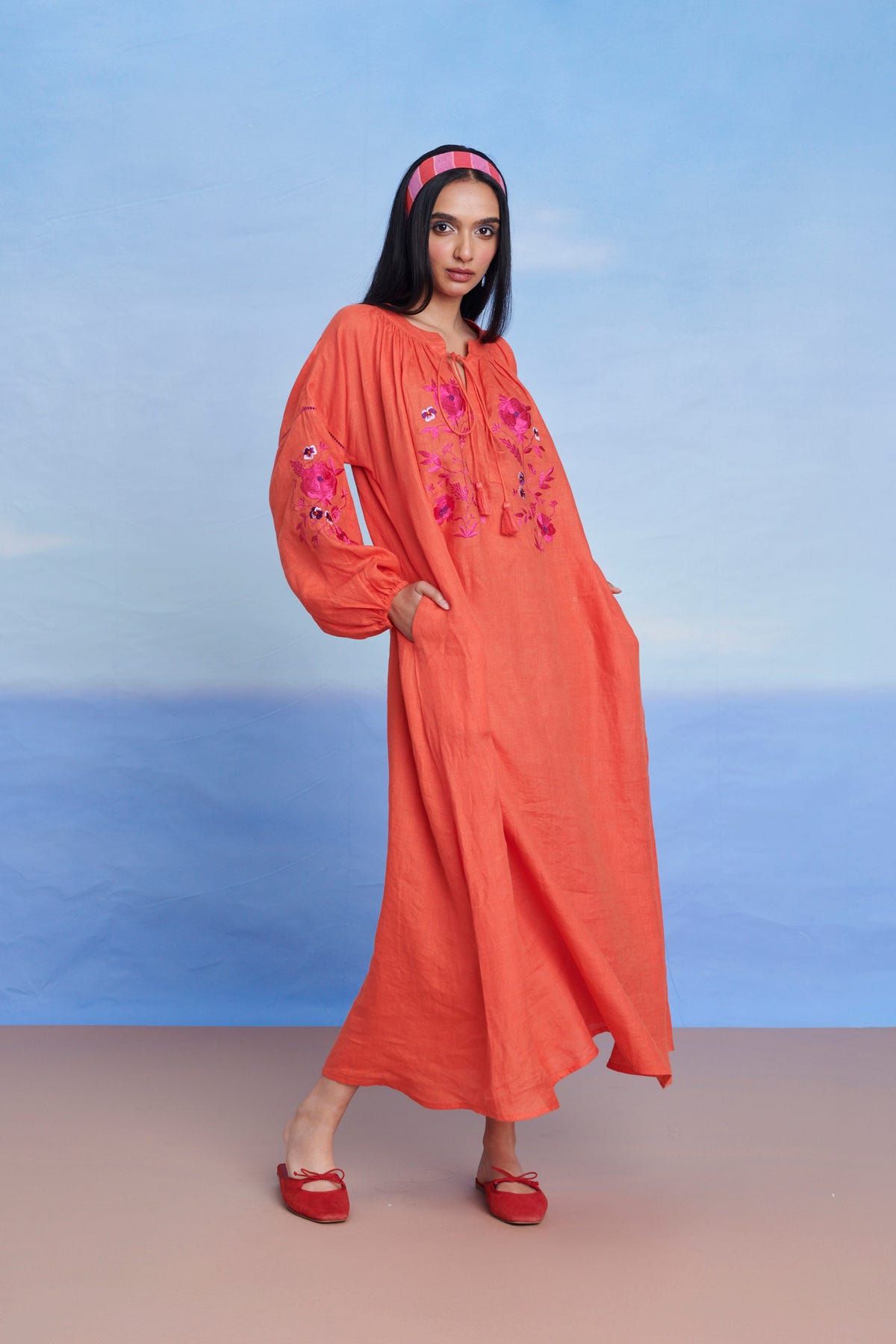 Tangerine Linen Puff Sleeves Dress - Sale - image 8
