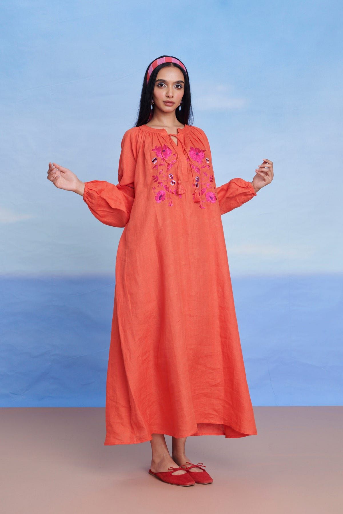 Tangerine Linen Puff Sleeves Dress - Sale - image 9