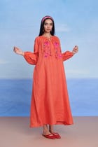 Tangerine Linen Puff Sleeves Dress - Sale view 9