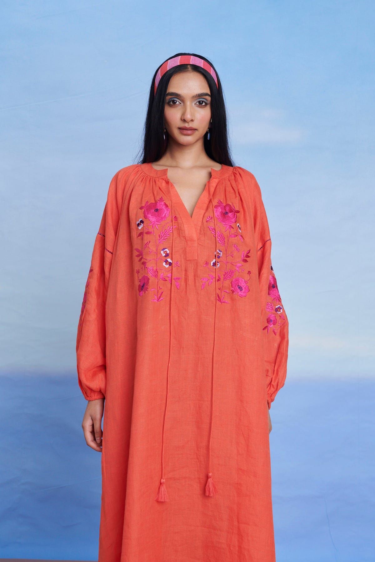 Tangerine Linen Puff Sleeves Dress - Sale - image 10
